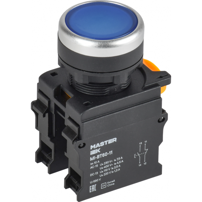 Кнопка IEK MASTER MI-BT60-11-3-22-K07 d=22мм 1NO+1NC синяя MI-BT60-111-3-22-K07