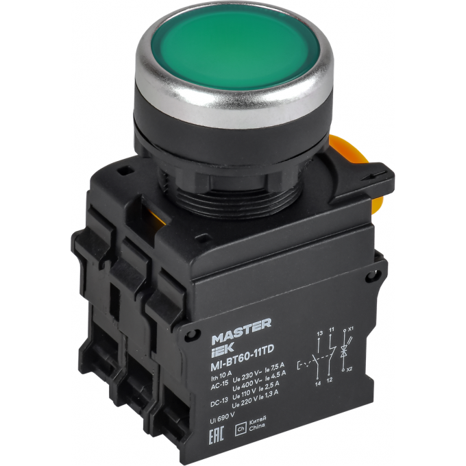 Кнопка с подсветкой и фиксацией IEK MASTER MI-BT60-11TD-3-11-K06 d=22мм 1NO+1NC зелёная MI-BT60-11TD-33-11-K006