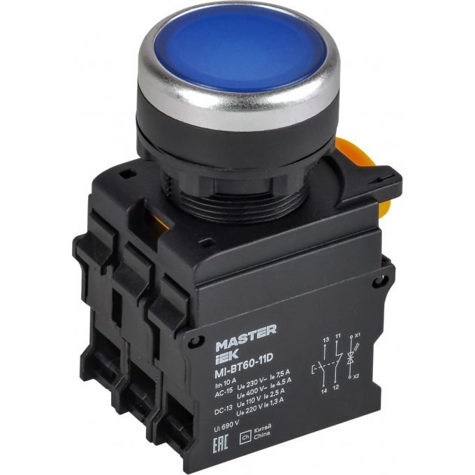 Кнопка с подсветкой IEK MASTER MI-BT60-11D-3-12-K07 d=22мм 1NO+1NC синяя MI-BT60-11D-3-12-K007
