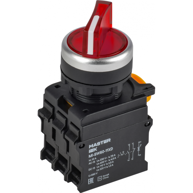 Переключатель с подсветкой IEK MASTER на 2 положения 1NO+1NC красный MI-SW60-11XD-3-14-2-K04