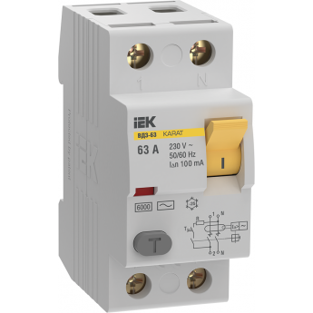 Выключатель дифференциальный (УЗО) IEK KARAT ВД3-63 2P 63А 100мА 6кА тип AC Выключатель дифференциальный (УЗО) IEK KARAT ВД3-63 2P 63А 100мА 6кА тип AC
